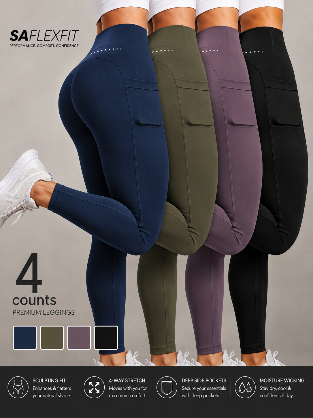 SAflexfit 4-piece cropped active leggings set — navy, olive, mauve and black high-waist leggings with deep side pockets, 4-way stretch, sculpting fit