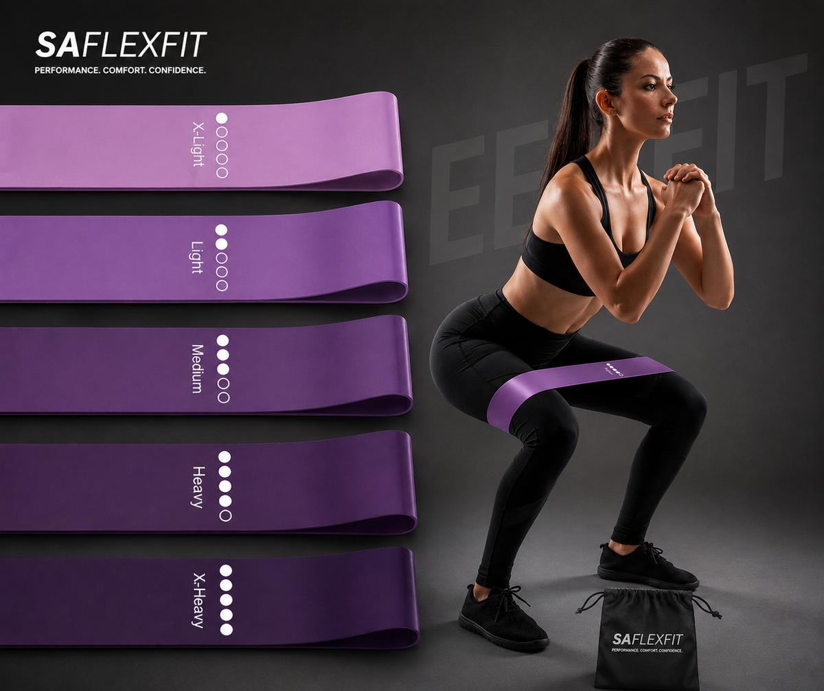 SAflexfit 5-piece resistance bands set — X-Light to X-Heavy levels, woman doing squat exercise