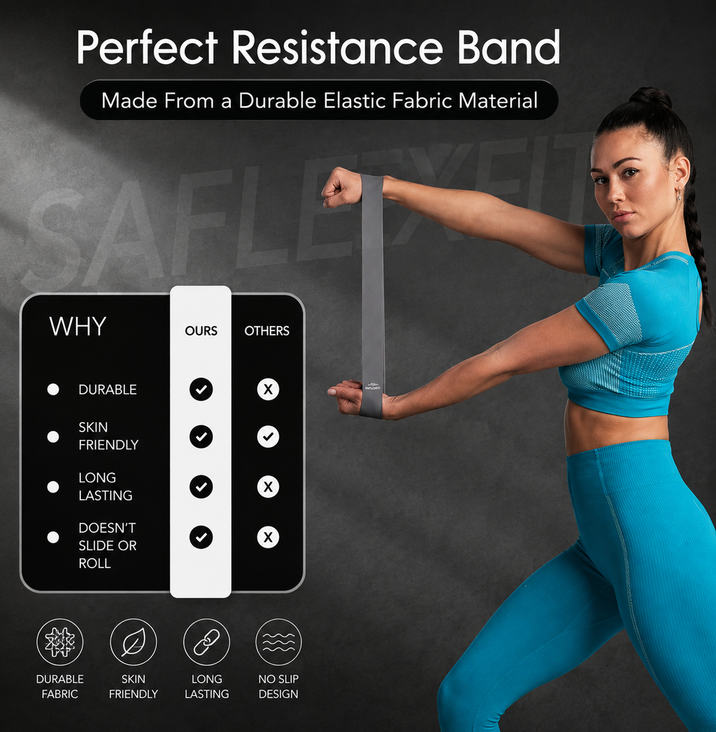 SAflexfit durable elastic resistance band — skin-friendly, no-slip design, woman stretching band in gym