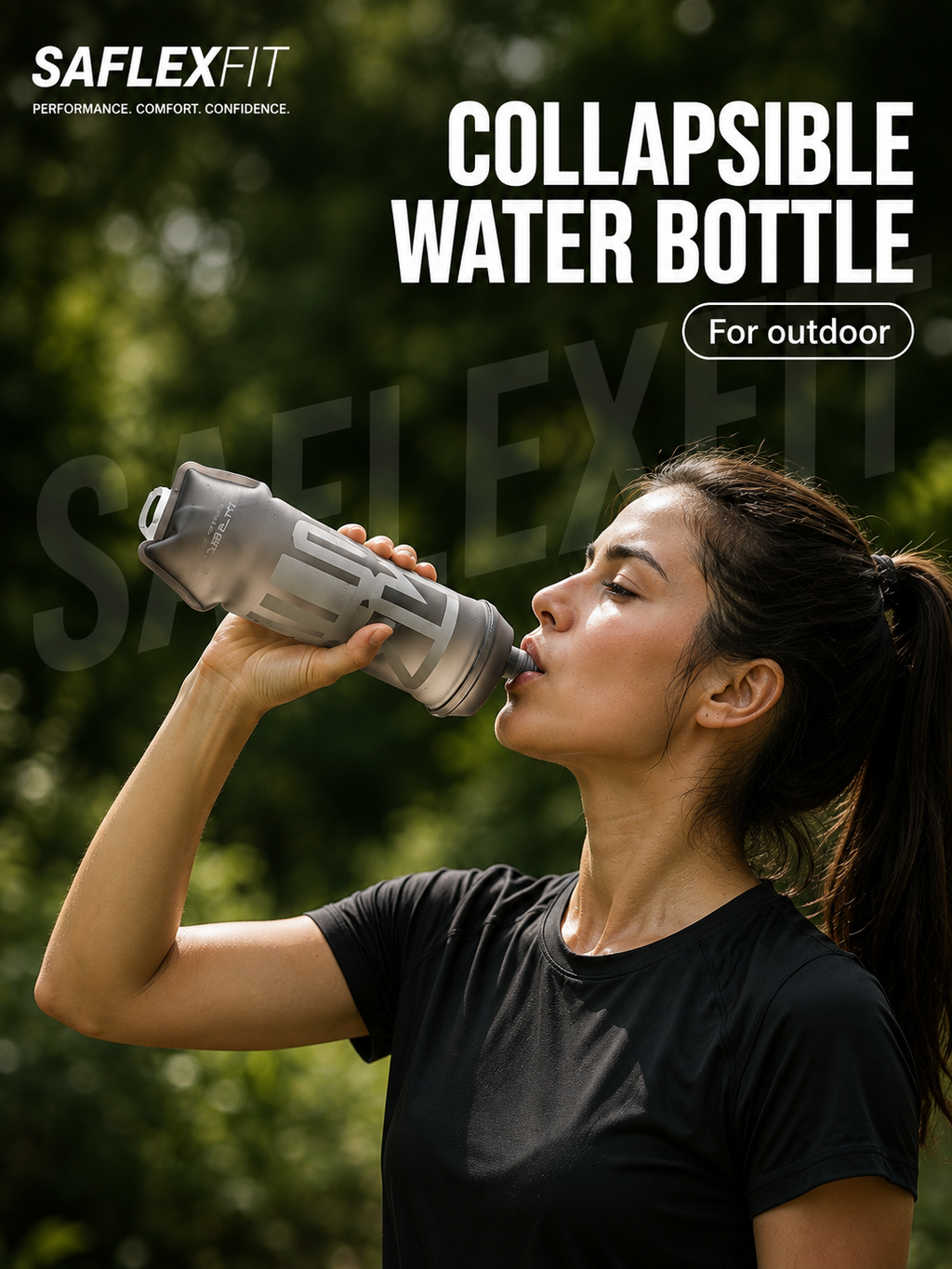 Woman drinking from SAflexfit 500ml collapsible sports water bottle outdoors