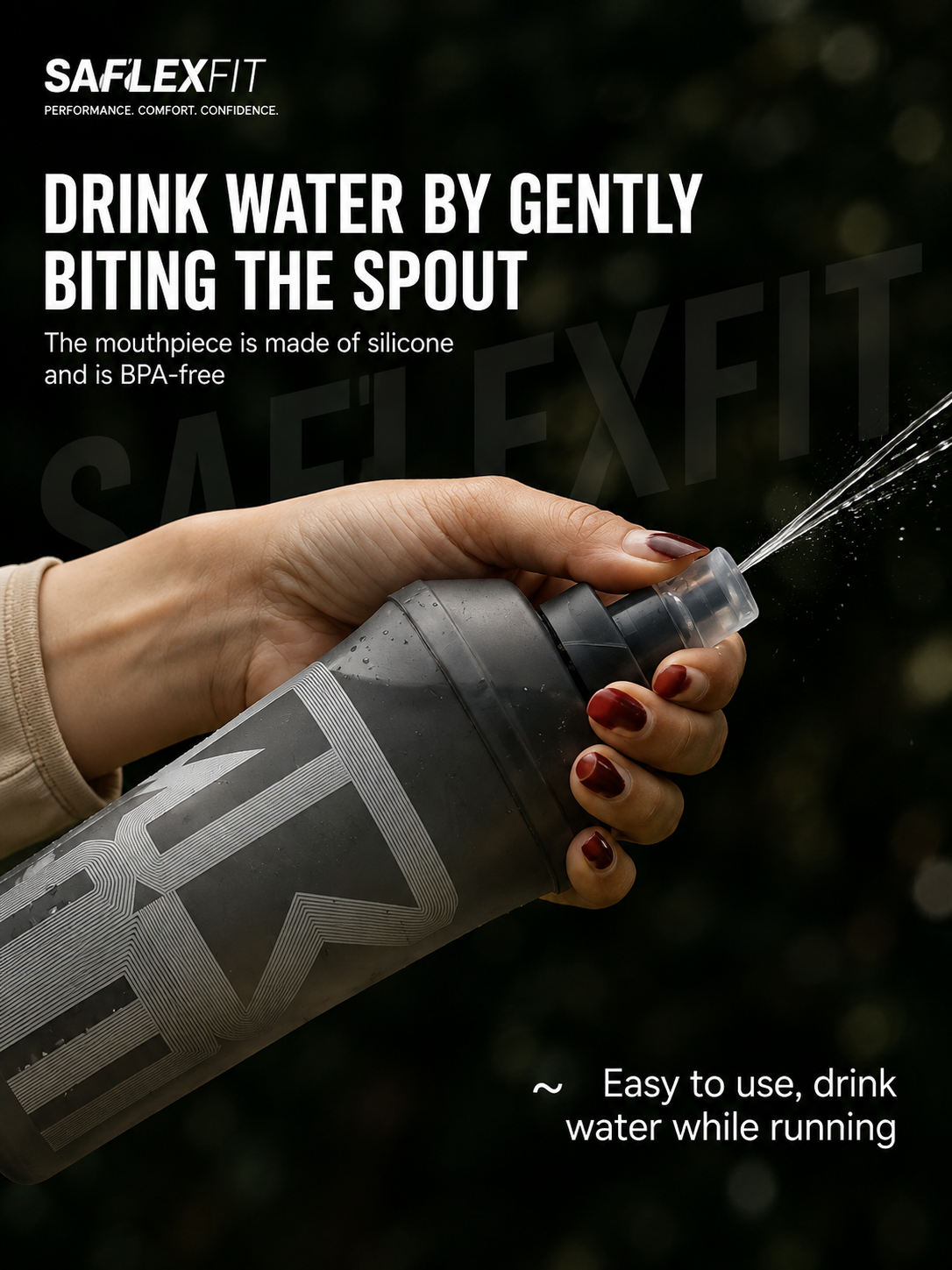 SAflexfit collapsible water bottle with bite valve spout — BPA-free silicone mouthpiece