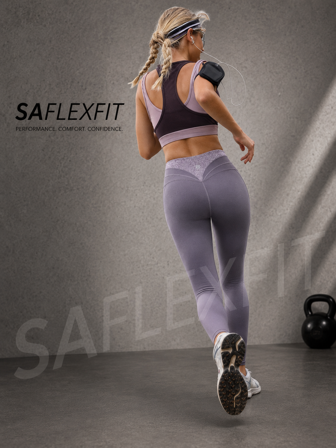 SAflexfit dusty purple active leggings — woman running in gym, back view showing V-waist design