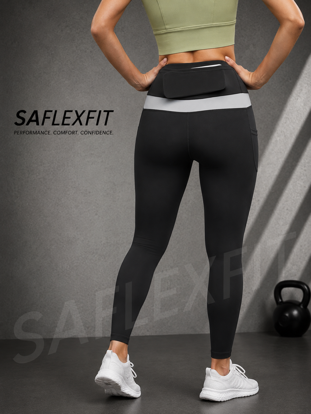 SAflexfit black high-waist fitness leggings — back view with grey contrast waistband, women's gym tights