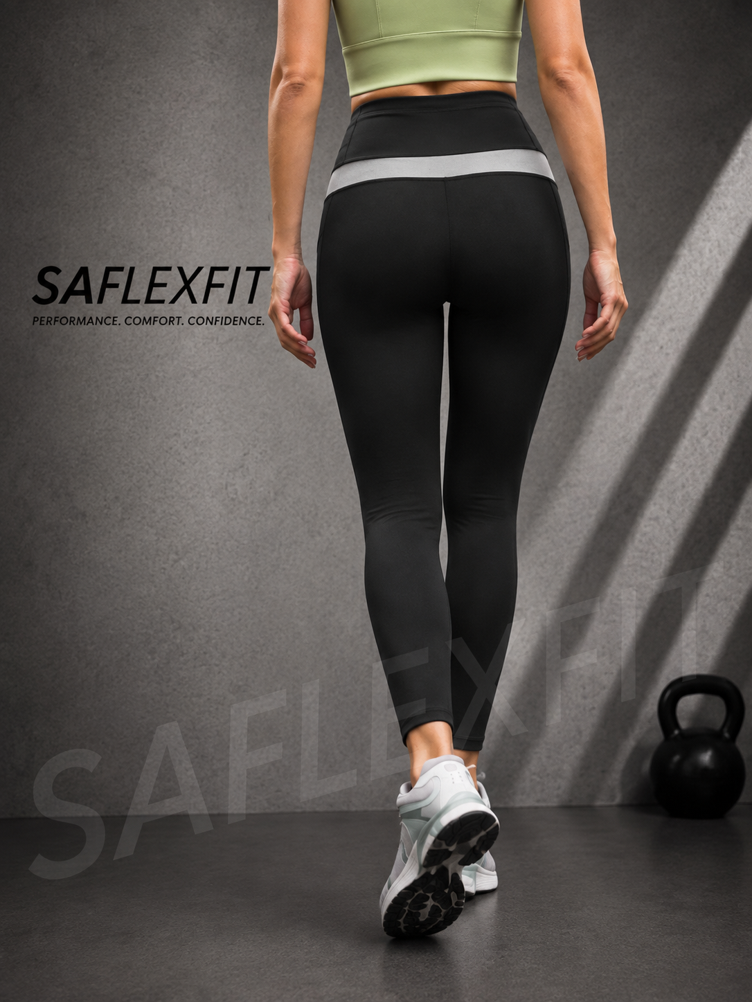 SAflexfit black high-waist outdoor leggings — back view with grey contrast band, women's athletic tights