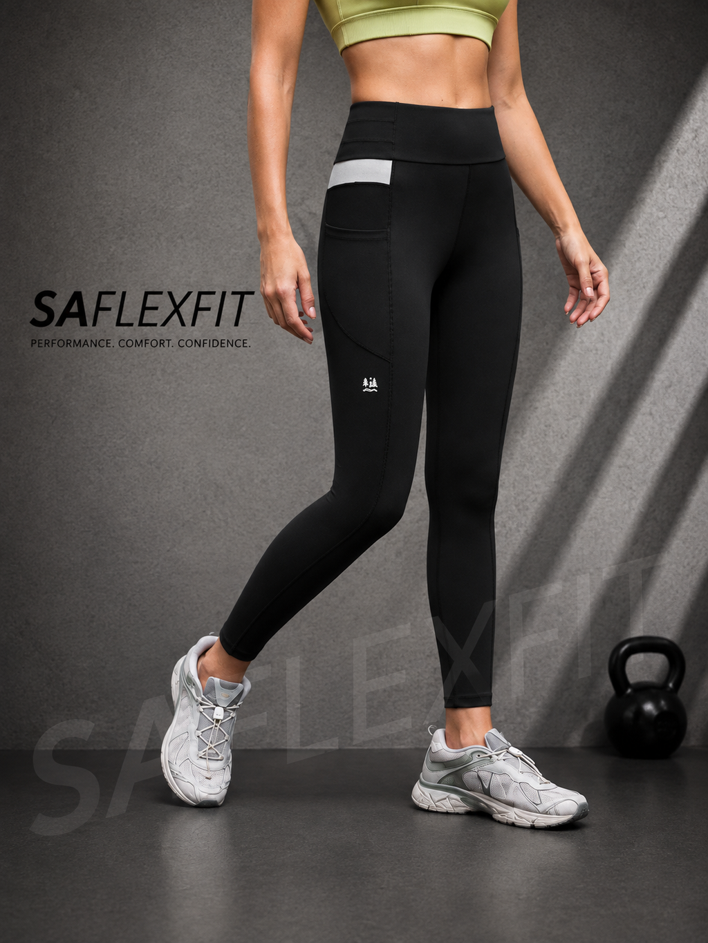 SAflexfit black fitness leggings with grey waistband — front view, women's high-waist performance tights