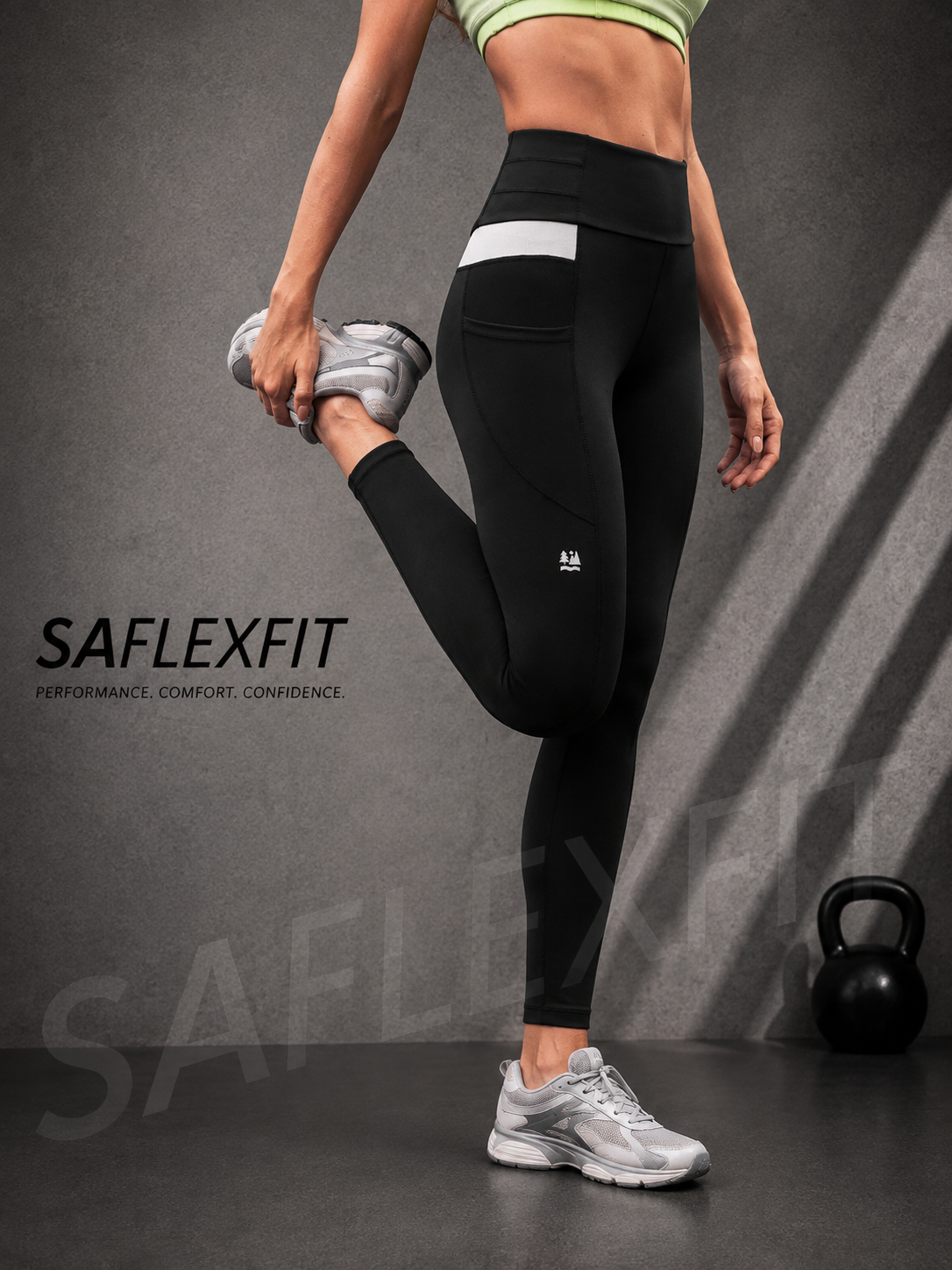 SAflexfit black outdoor leggings with side phone pocket — woman stretching, high-waist fit