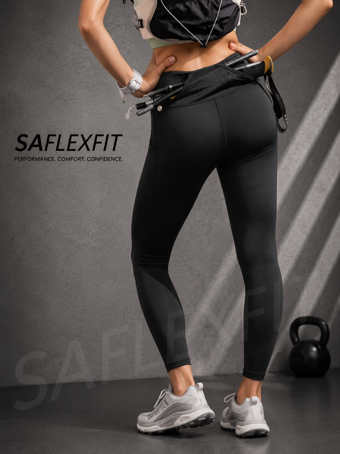SAflexfit black outdoor performance leggings — back view, woman holding skipping rope, gym training