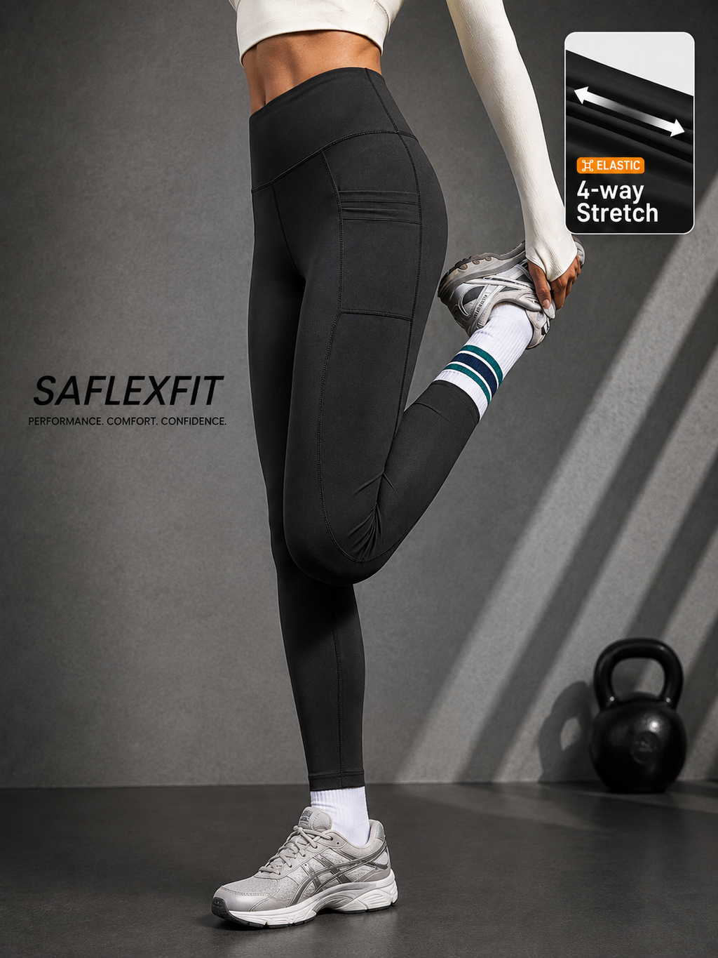 SAflexfit black leggings with side pockets — 4-way stretch, women's high-waist workout tights