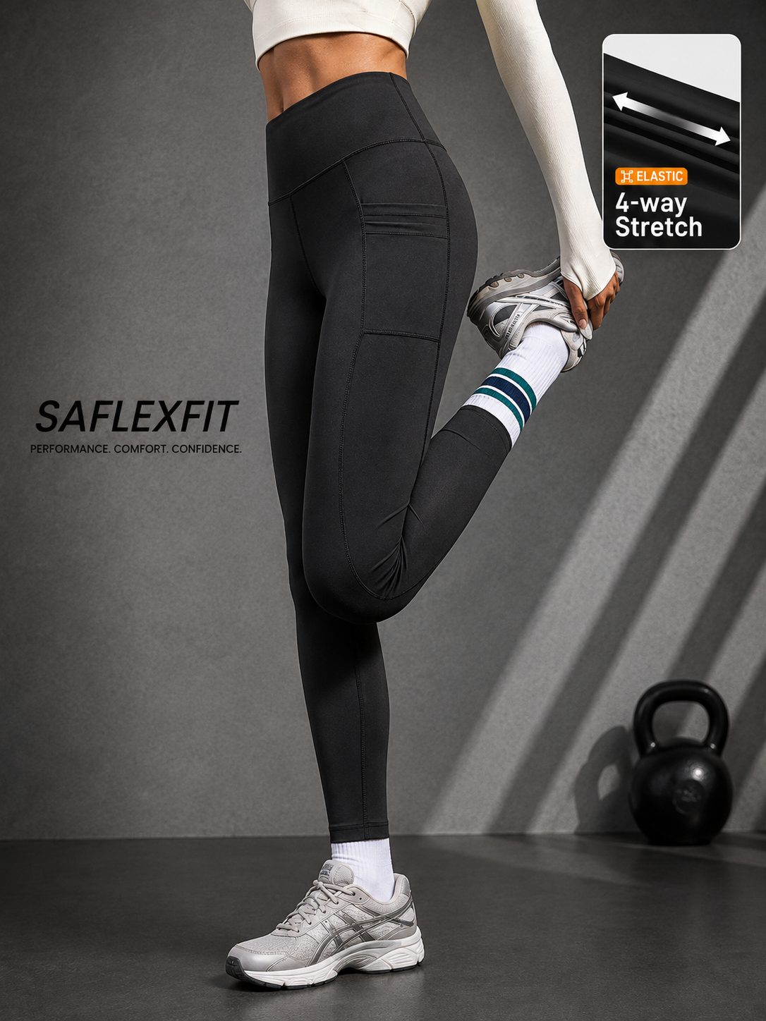 SAflexfit black leggings with side pockets — 4-way stretch, women's high-waist workout tights