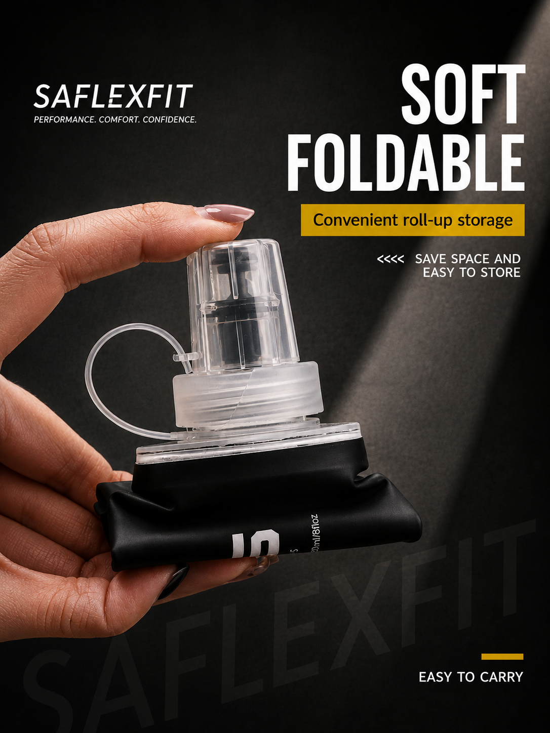 SAflexfit soft foldable collapsible water bottle — compact roll-up storage design
