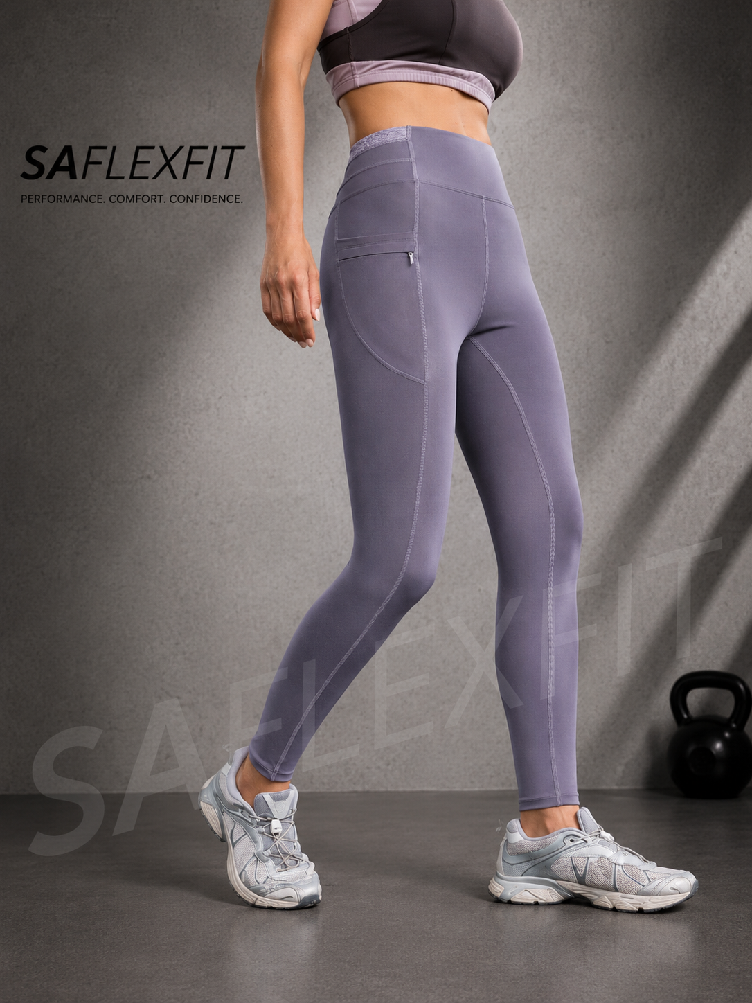 SAflexfit dusty purple high-waist leggings with zip pocket — side view, women's performance fitness tights